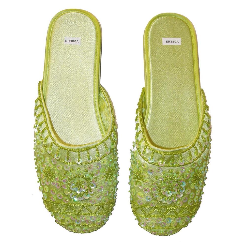 Sequin Satin Beaded Slippers LIME GREEN size 7 only